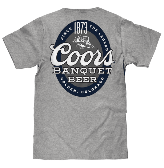 Heather gray T-shirt with large circular Coors Banquet Beer back print