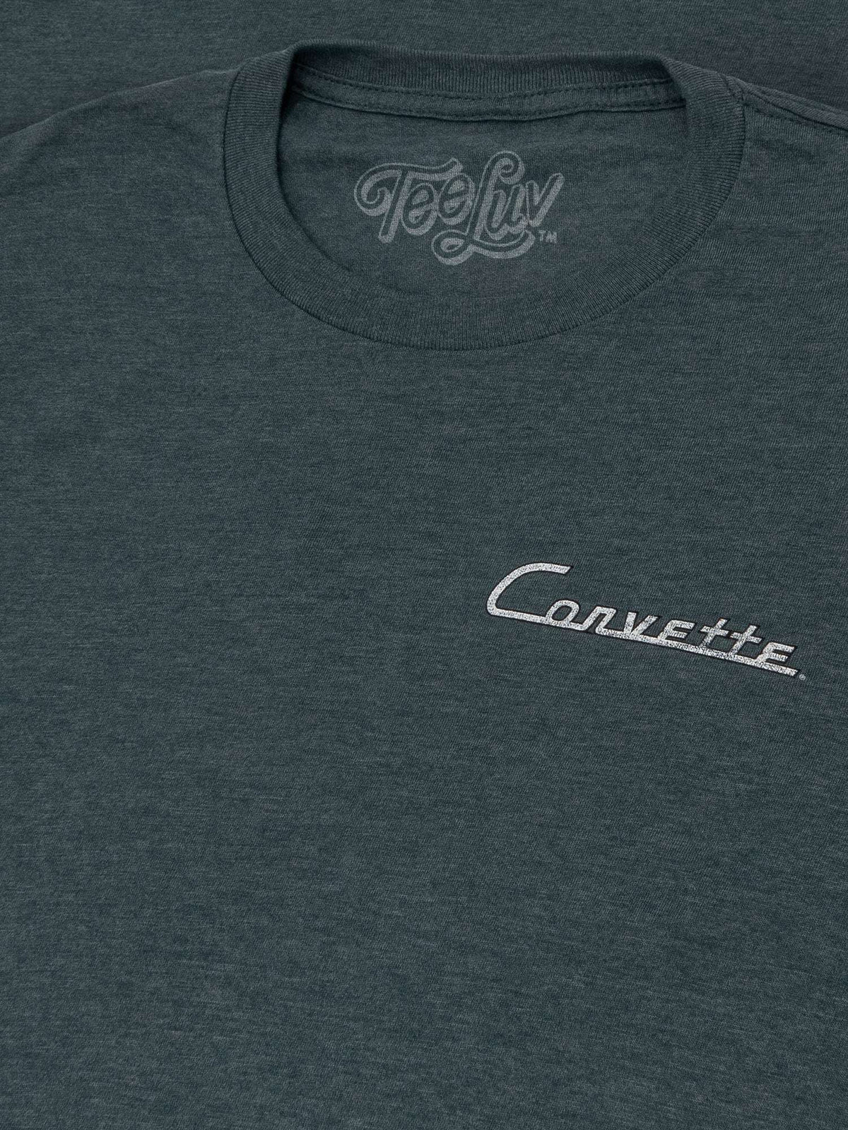 Chevy Corvette C1 T-shirt in dark navy heather, front close-up of Corvette logo