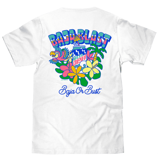 White T-shirt with tropical 'Baja Or Bust' front graphic print