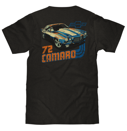 Black crew-neck T-shirt with back graphic of a 72 Camaro and blue Chevrolet logo.