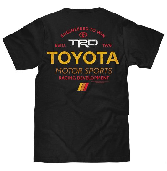 Black TRD T-shirt with back graphic: TRD, Toyota Motor Sports, racing text