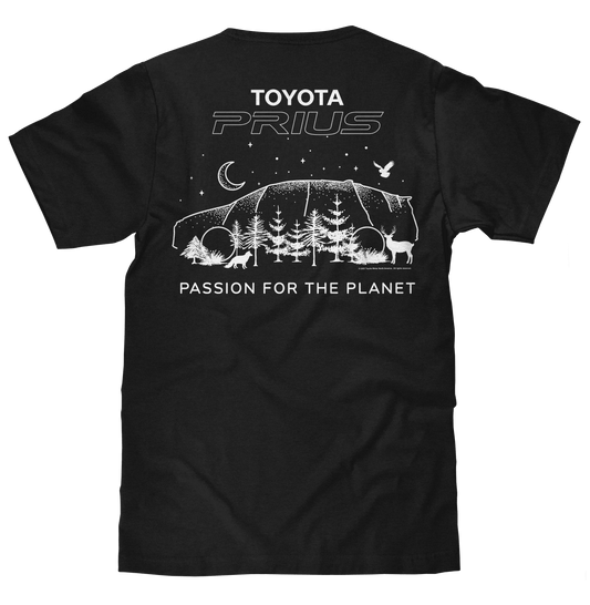 Black Toyota Prius T-shirt with back forest graphic and Passion for the Planet text
