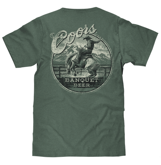 Men's green T-shirt with back rodeo bronco circular Coors Banquet Beer graphic