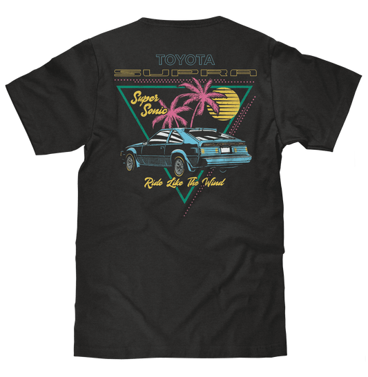Black crew-neck T-shirt with colorful Toyota car graphic and text on back