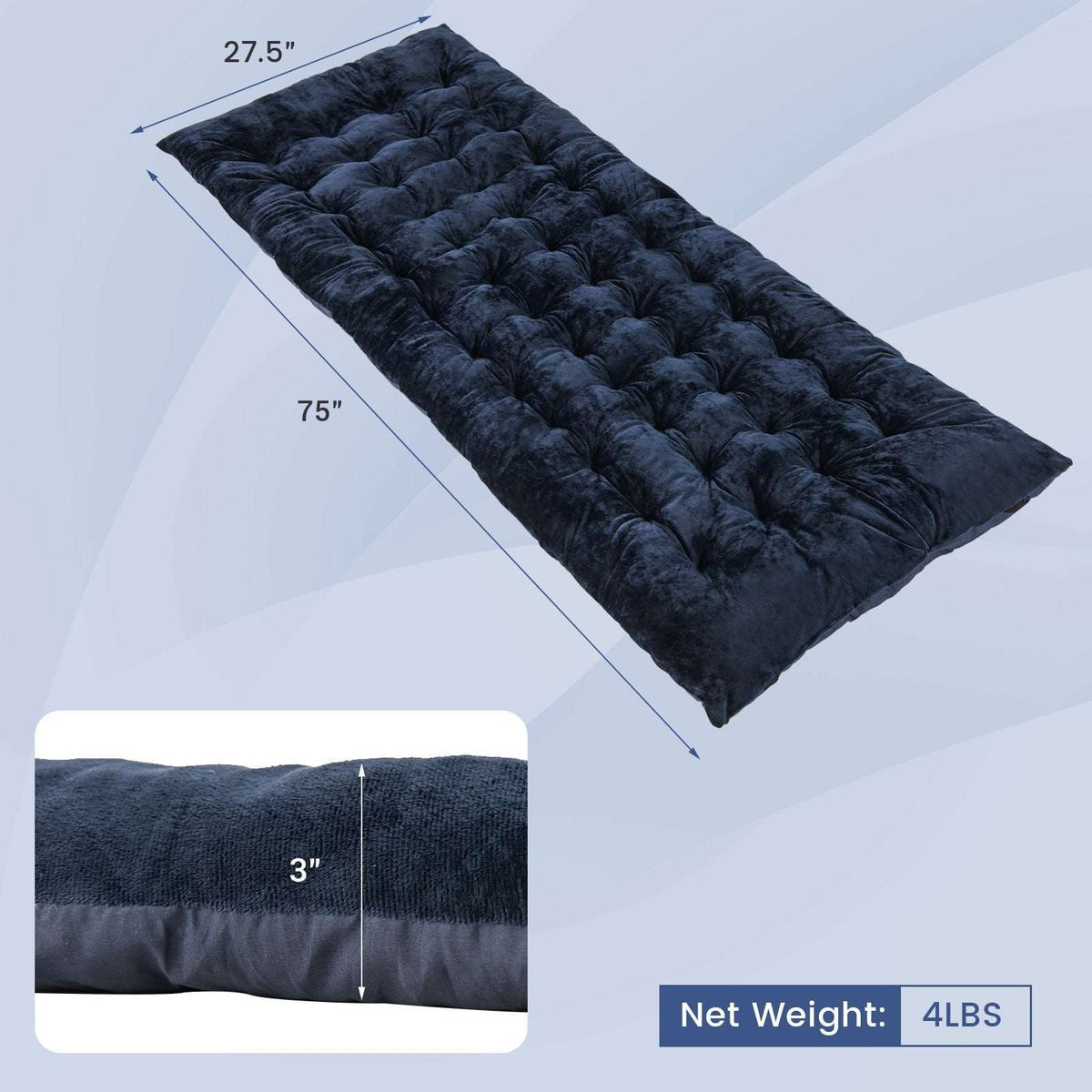 Navy camping cot pad, 75 x 27.5 in, 3 in thick quilted cushion