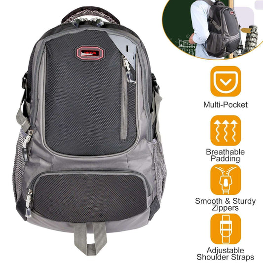 Dark gray backpack with padded mesh back panel and multiple front zip pockets