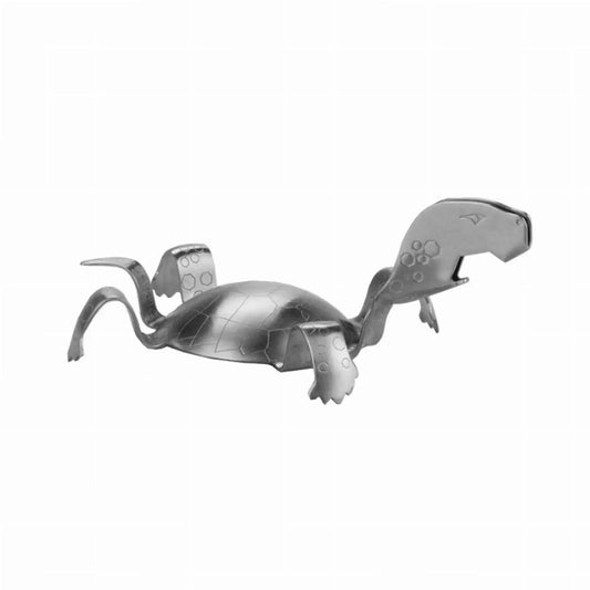 Silver turtle bottle opener in sculpted metal, raised paws and head opener.