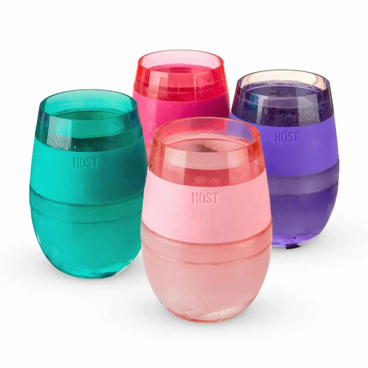 Set of 4 HOST cooling gel cups, stemless tumblers in teal, pink, red, and purple