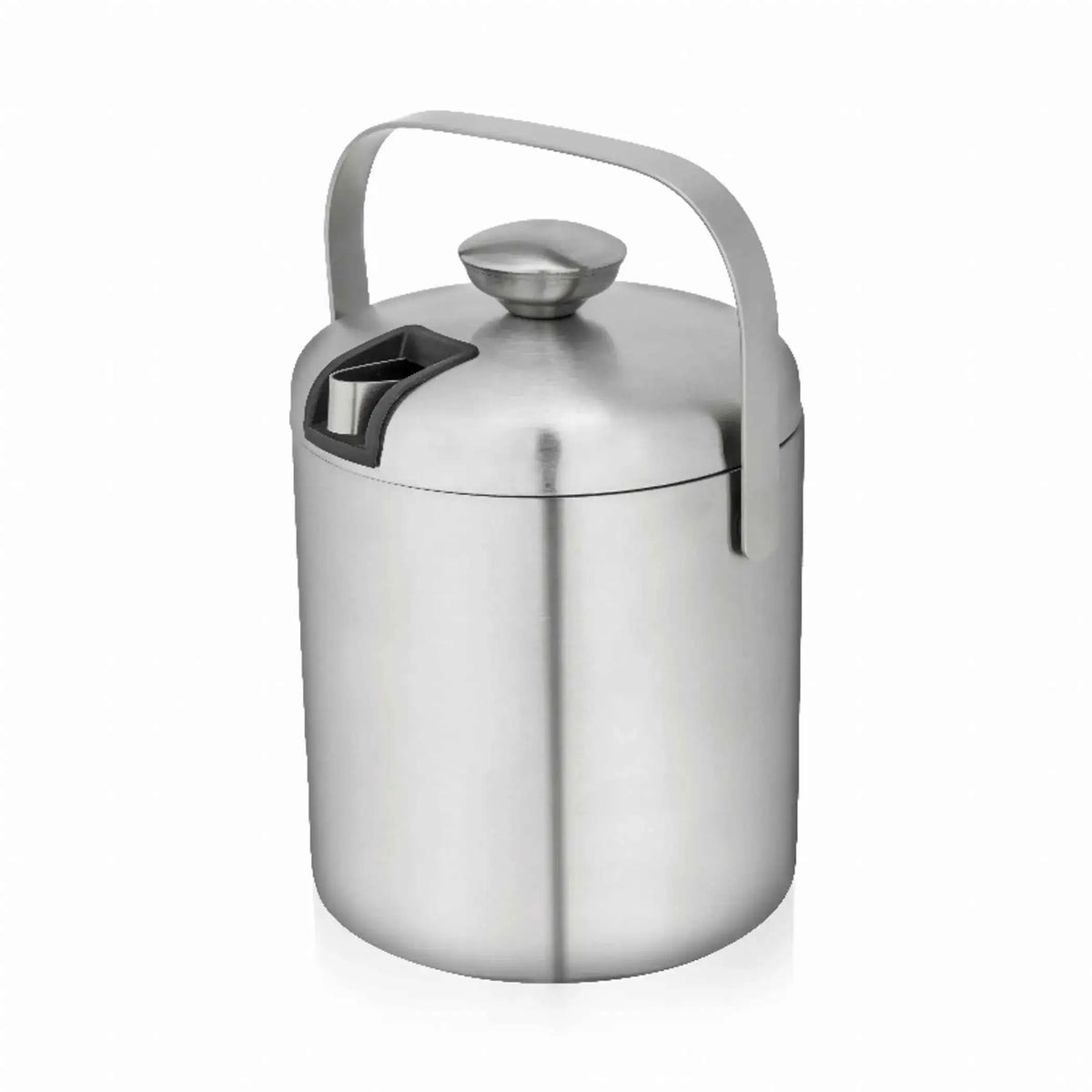 Silver ice bucket with fitted lid, loop handle, and metal tongs on side