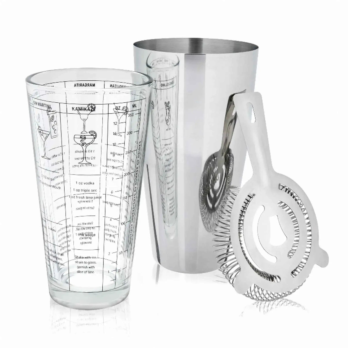 3-piece bar set includes measuring glass, stainless ice-bucket style canister, bottle opener