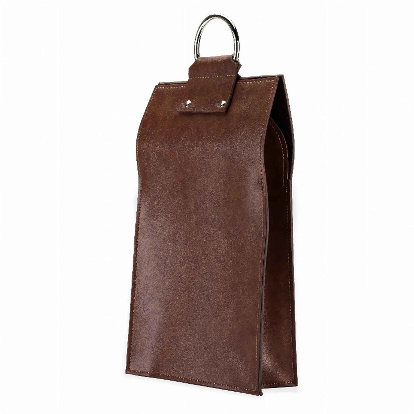 Viski Faux Leather Double-Bottle Wine Tote | Stainless Steel Handle | Chestnut Brown