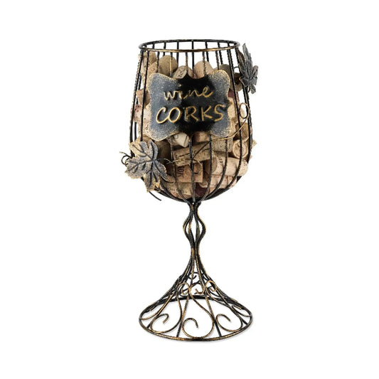 Wine glass-shaped cork holder in bronze wire with 'CORKS' sign and decorative florals
