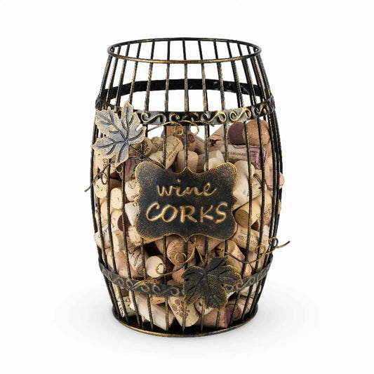 Wire wine cork holder barrel in bronze with decorative leaves and Wine Corks sign