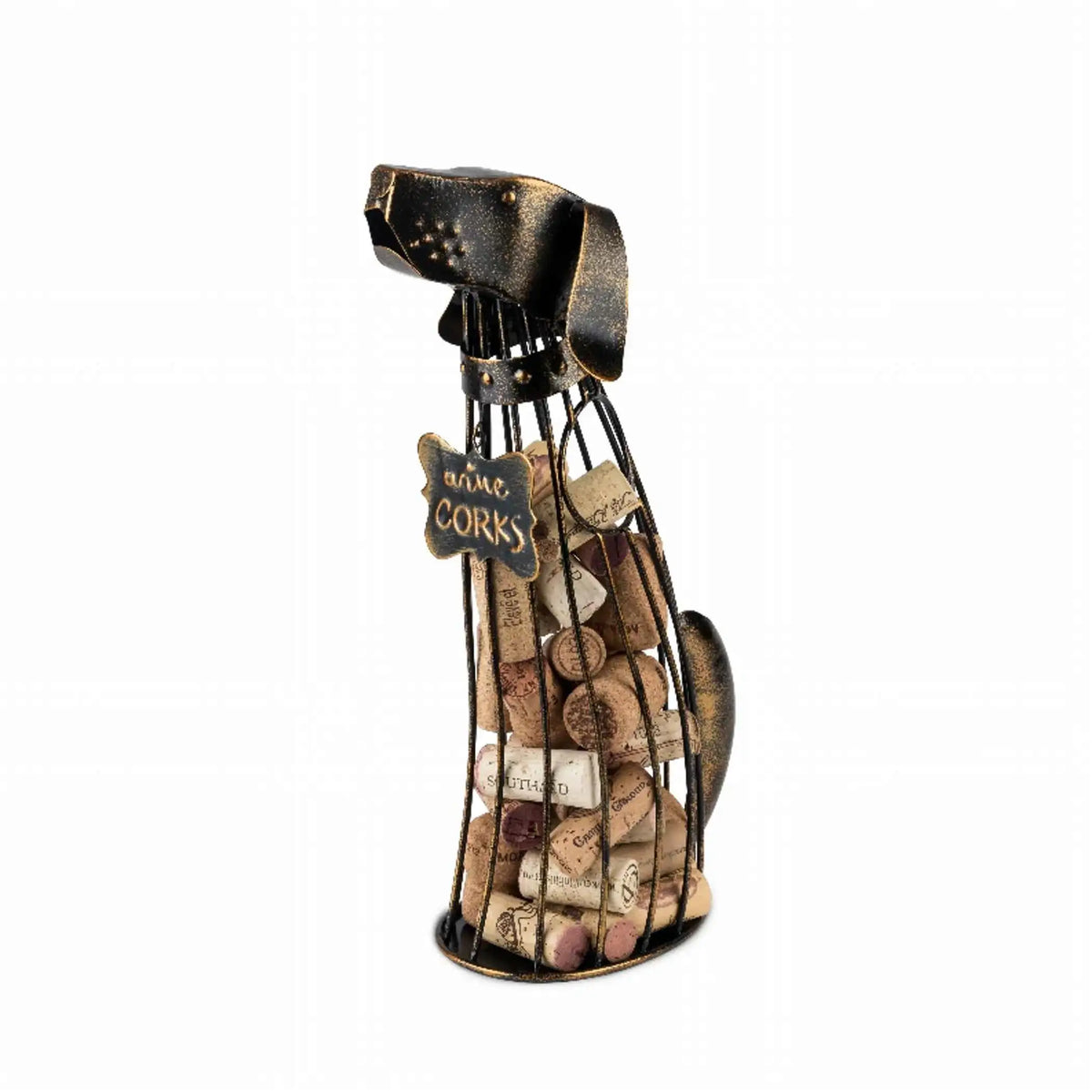 Bronze dog-shaped wine cork holder with wide ears and vertical cork storage