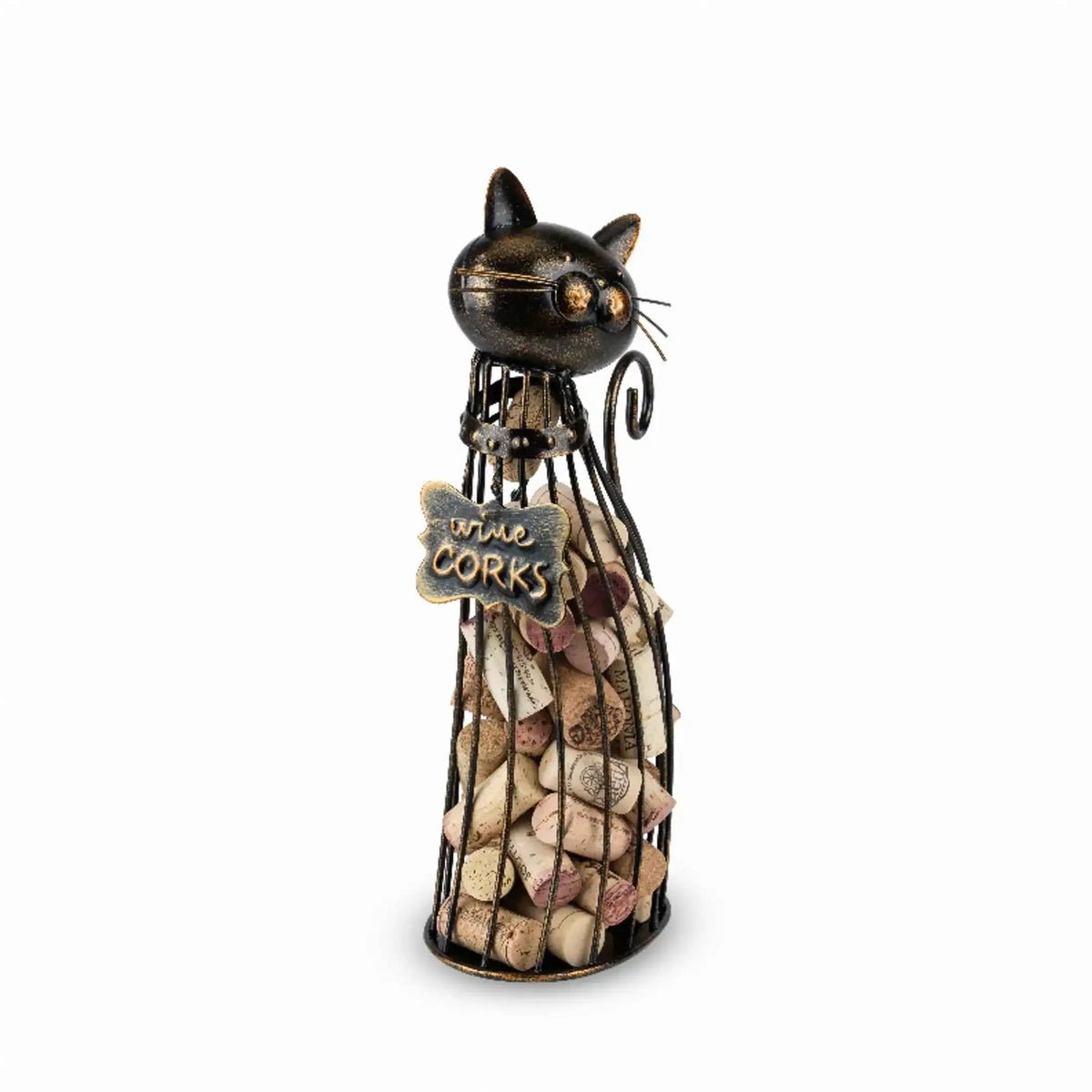 Front view bronze cat wine cork display with Wine Corks sign, holds bottle corks
