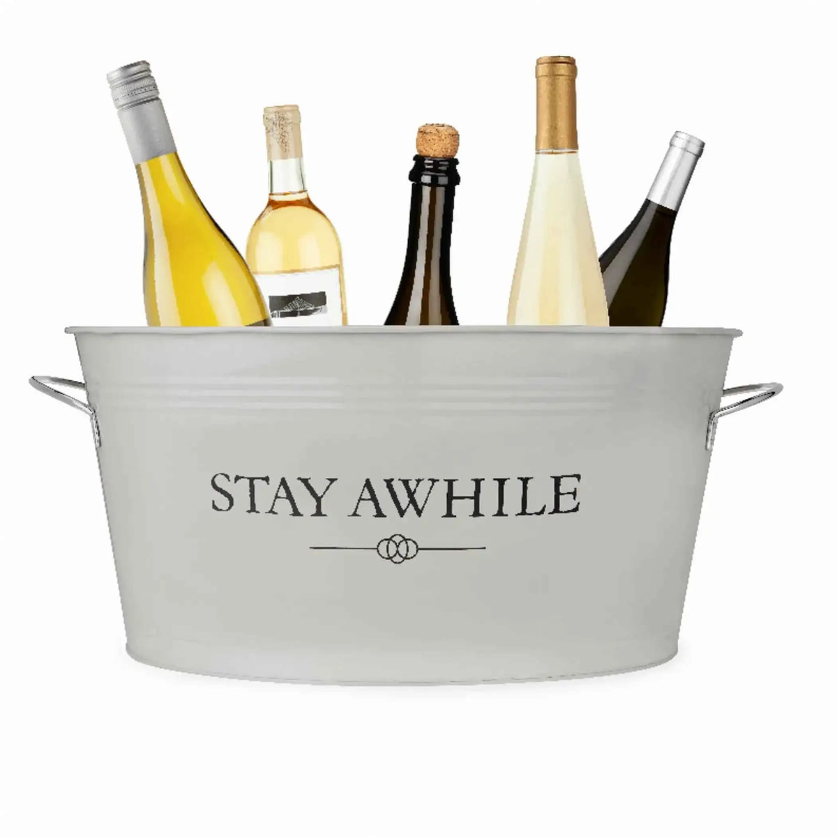 White metal drink tub with two side handles, front branding plaque