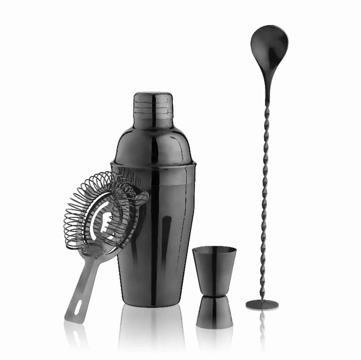 Gunmetal barware set: cocktail shaker, wire strainer, jigger, and bar spoon
