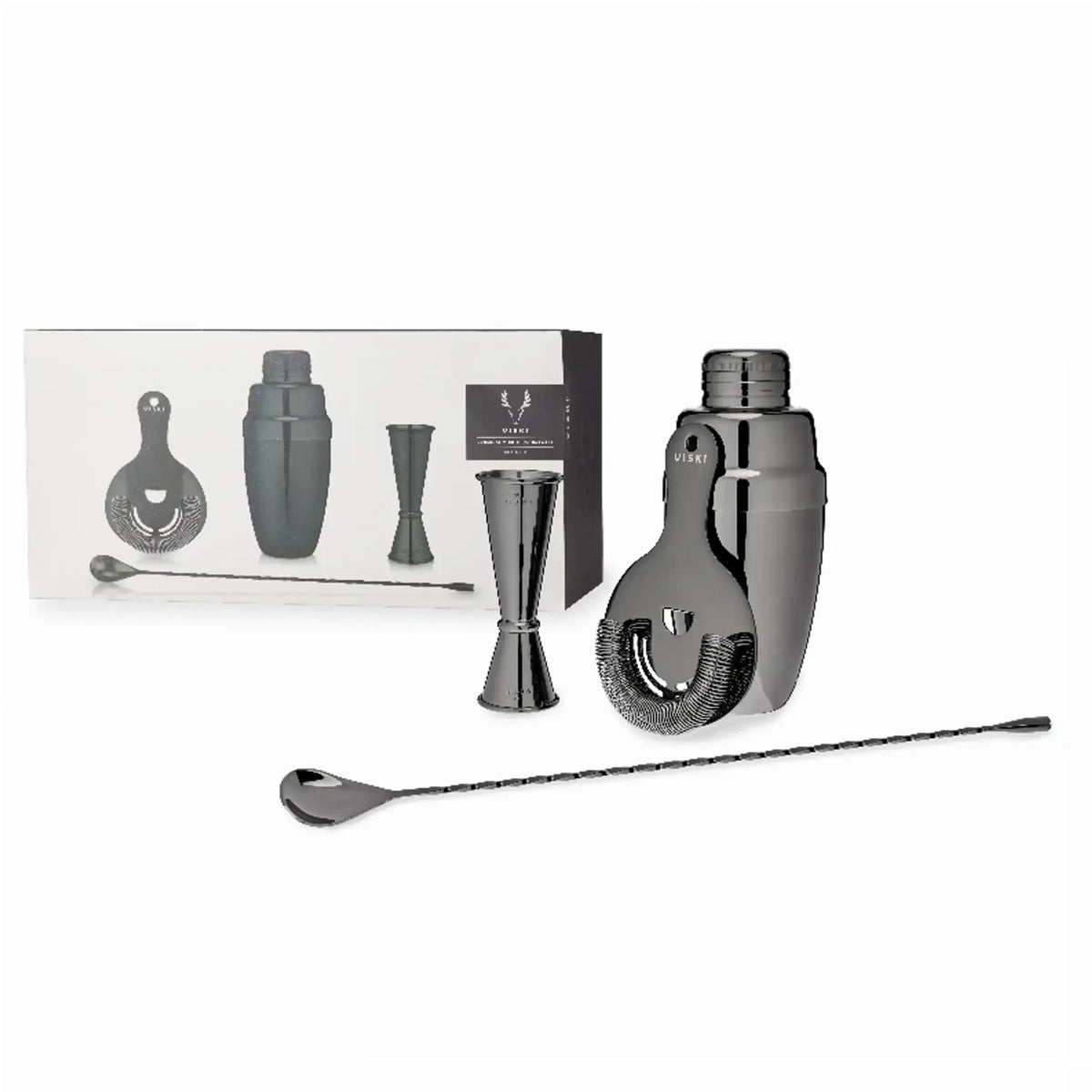 Gunmetal cocktail shaker with jigger and bar spoon from Viski barware set