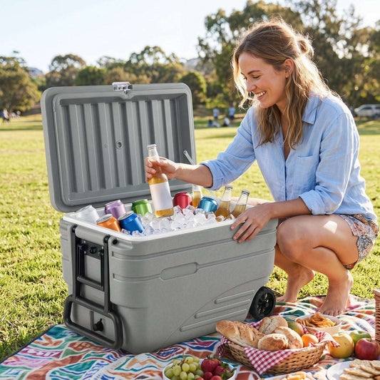 Gray wheeled cooler with open lid, packed with drinks and ice outdoors