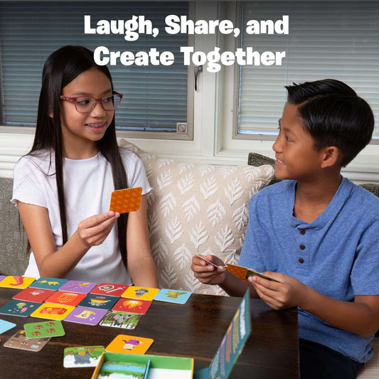Story starter card activity with two kids arranging colorful prompt cards at a table
