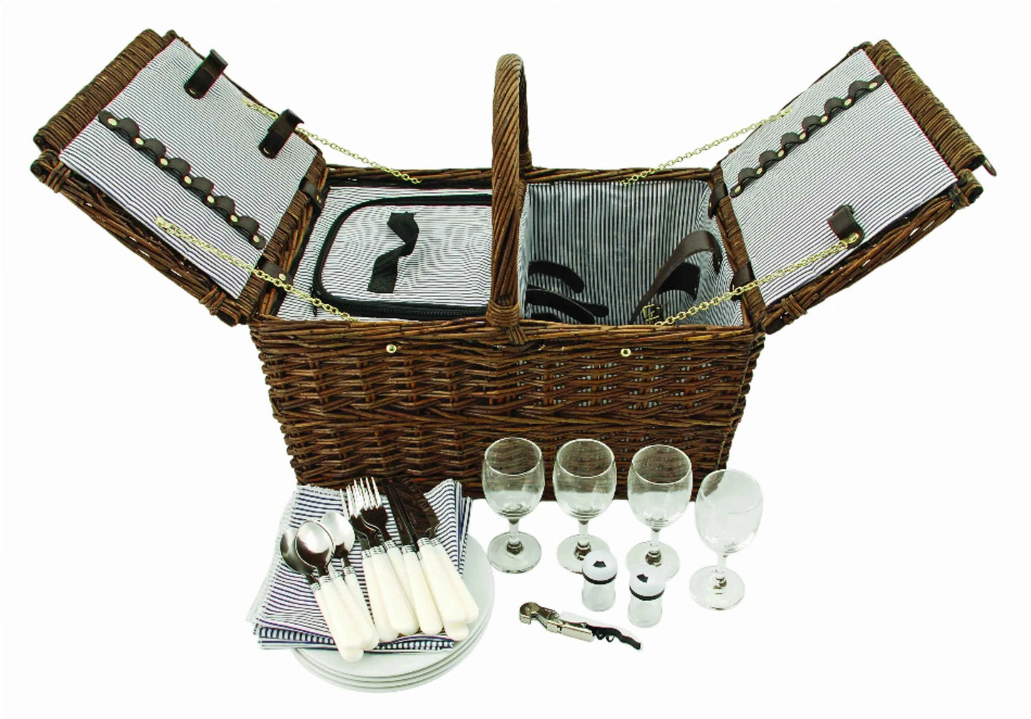 Twine Cape Cod Deluxe Wicker Picnic Basket Set for 4 | Insulated | Wine & Food Compartments