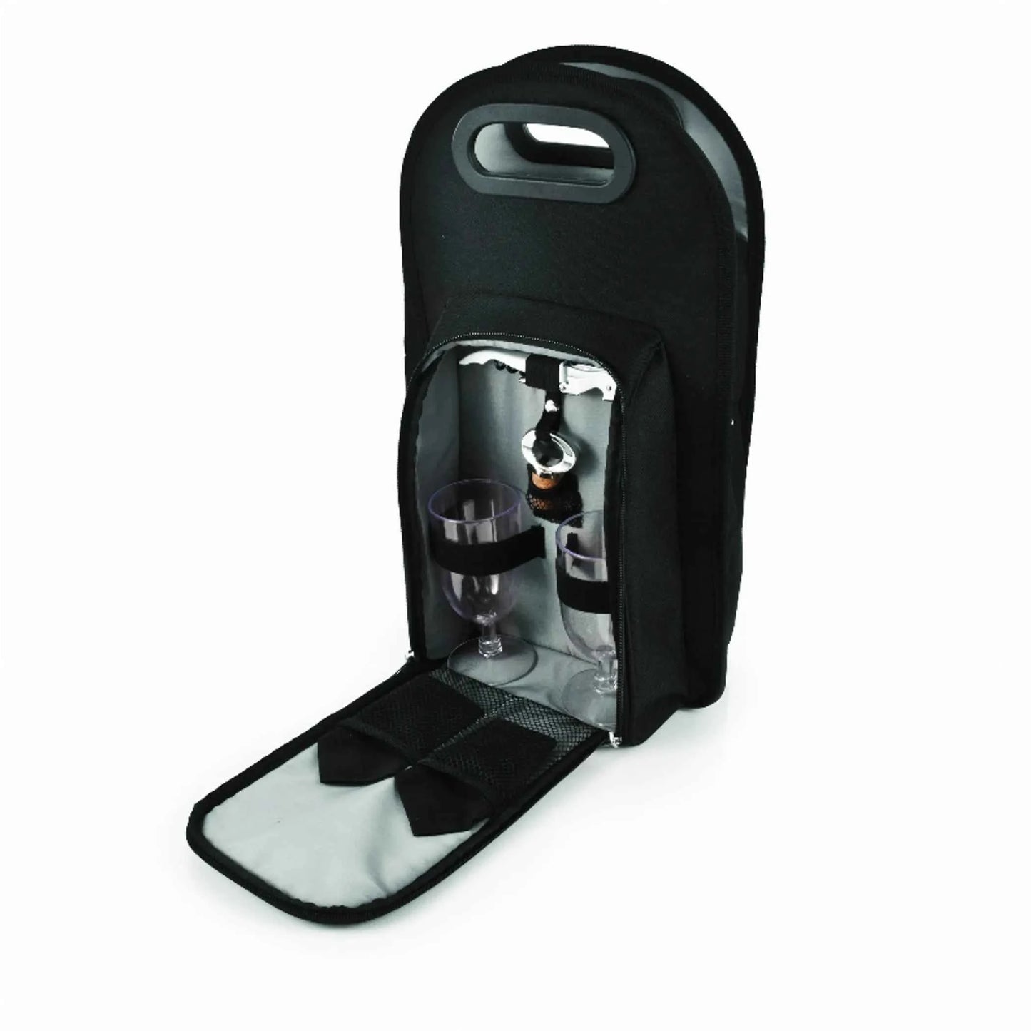 True Brands Metro Onyx Insulated 2-Bottle Wine Tote | Glasses, Corkscrew & Stopper Included | Black