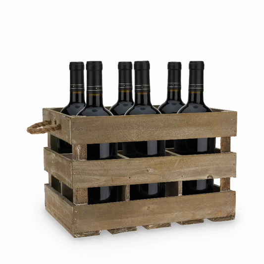 Weathered wooden 6-bottle wine crate with six dark bottles
