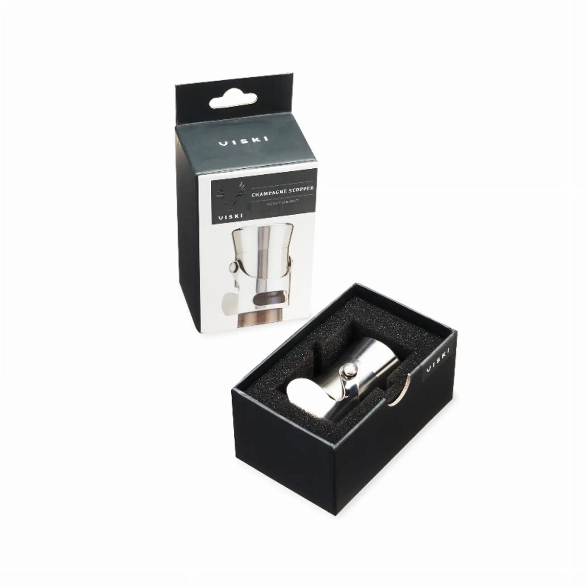 Viski silver champagne stopper with metal spring clamp, shown in black foam tray