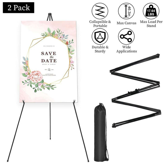 Two black collapsible A-frame easel stands with canvas display and carry bag