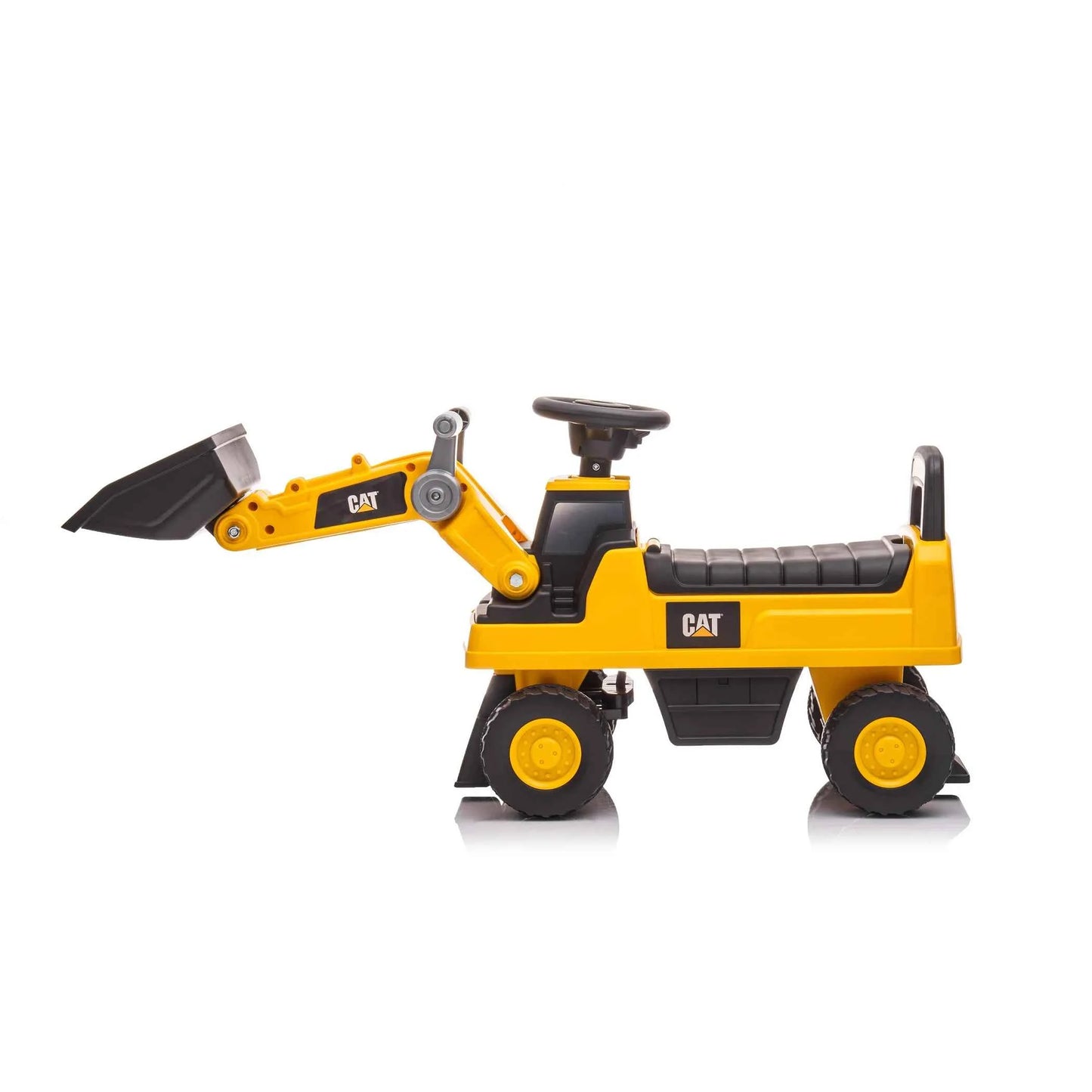 Side view yellow CAT ride-on excavator with raised arm and front bucket
