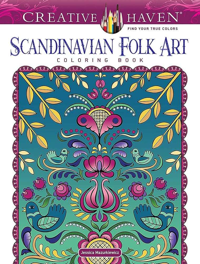 Scandinavian Folk Art coloring book cover with ornamental floral and creature pattern