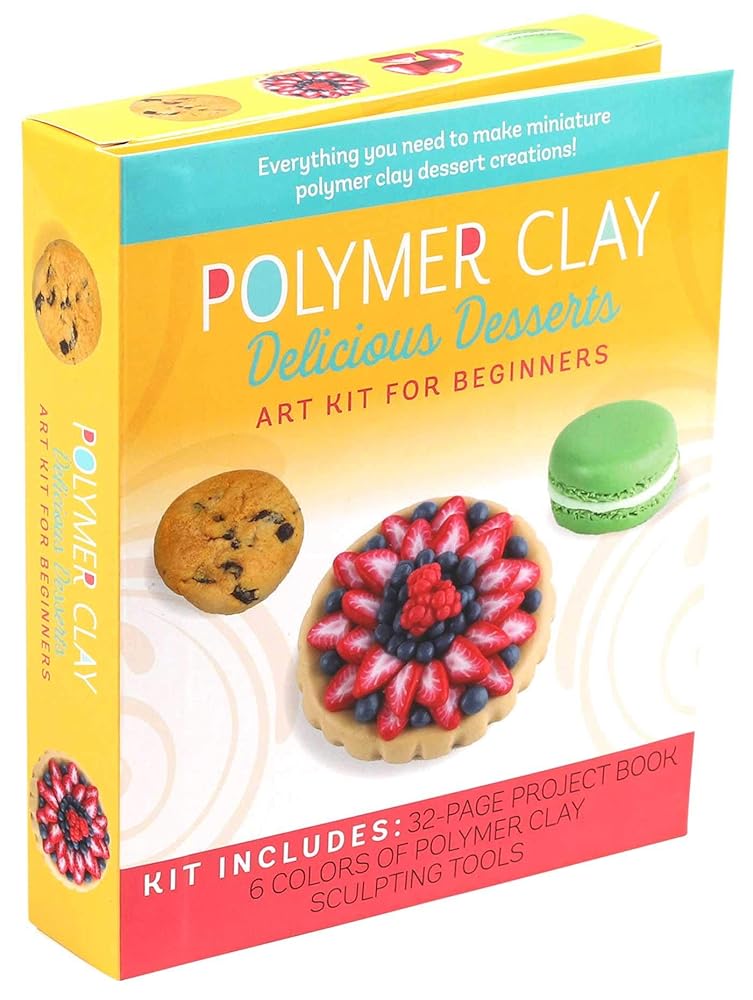 Polymer clay art kit box for beginners, colorful dessert-themed design and 6 clay colors