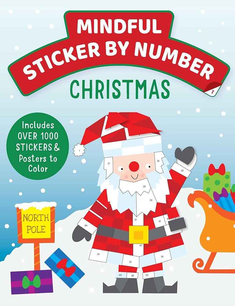 Christmas mindful sticker-by-number book cover with Santa and reindeer