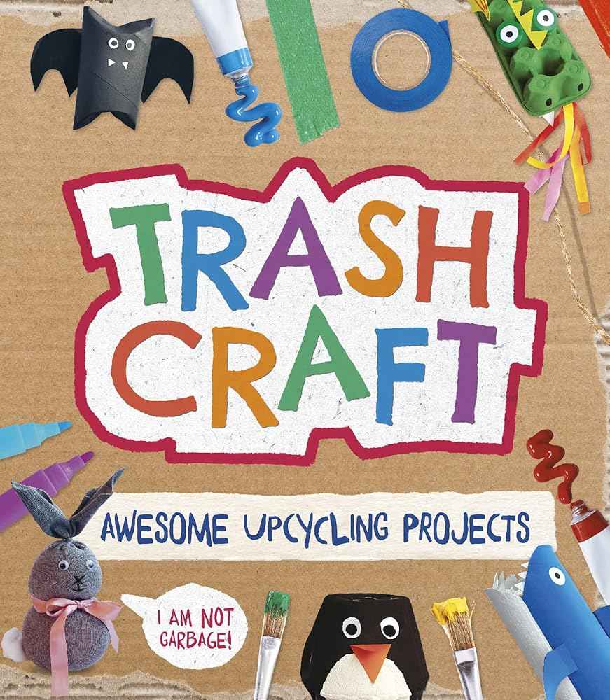 Kids upcycling craft book cover with TRASH CRAFT title and project art
