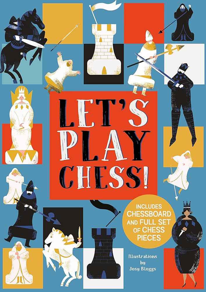 Chess game activity book cover with illustrated chess pieces and Let’s Play Chess text