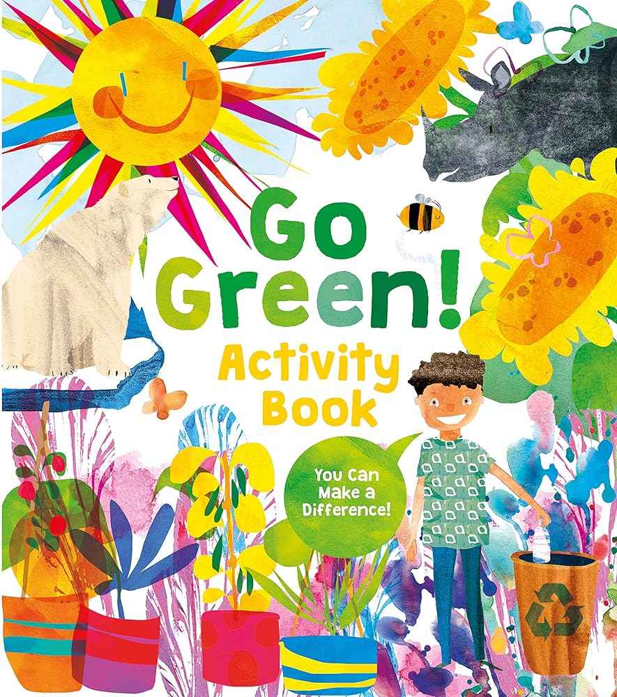 Colorful "Go Green!" activity book cover with children, plants, and suns