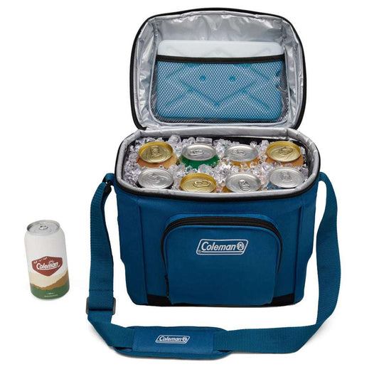 Coleman soft-sided cooler open, deep blue with insulated lining and front zipper