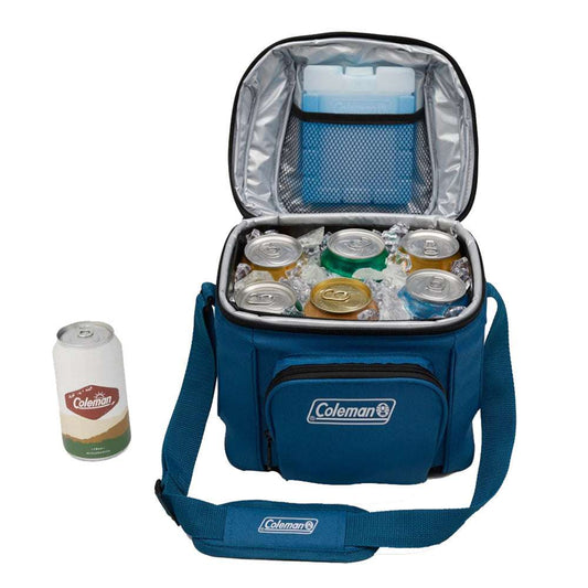Coleman blue soft cooler open with silver insulated liner and zipper, holds cans
