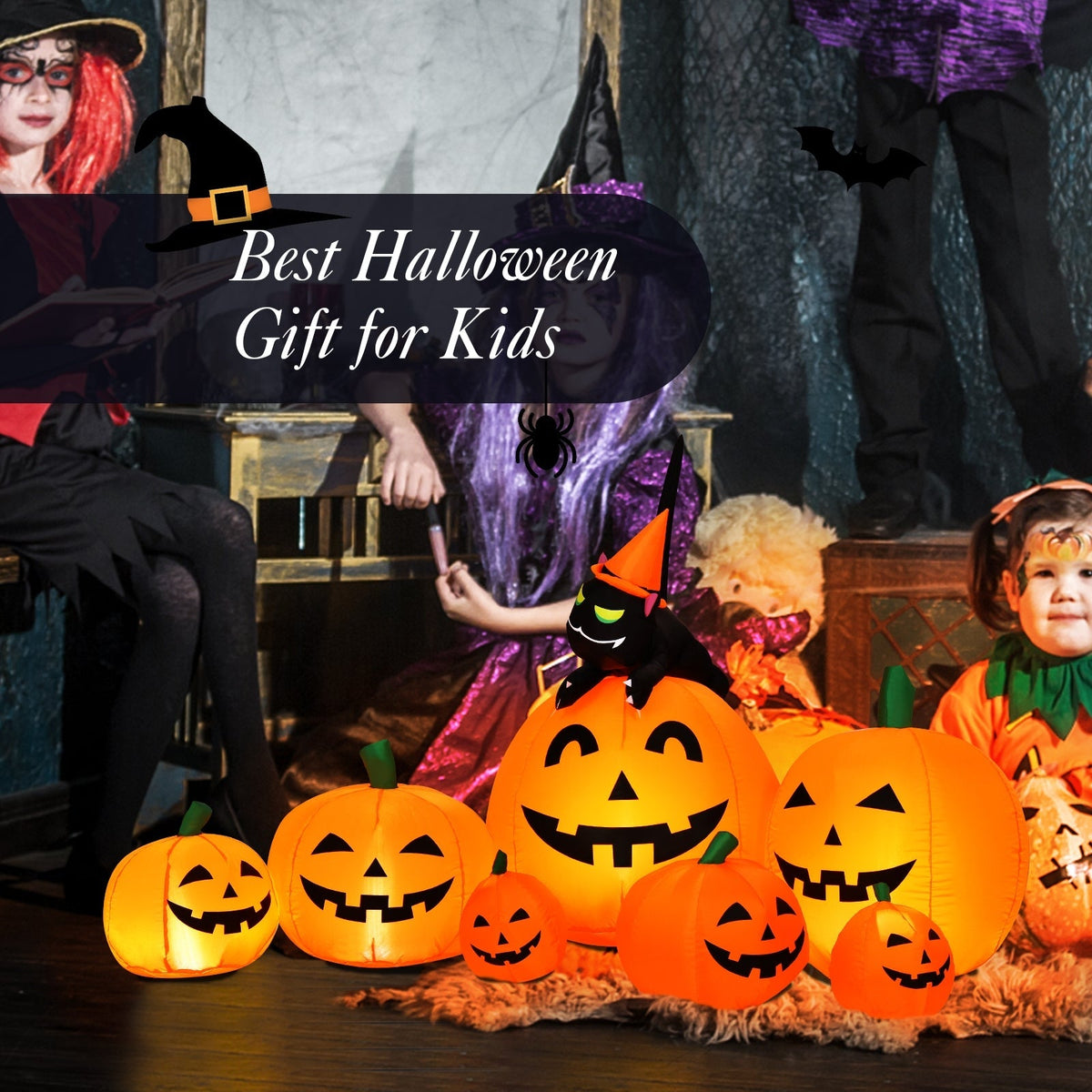 7.5 Feet Halloween Inflatable Pumpkin Combo with Witch & Black Cat