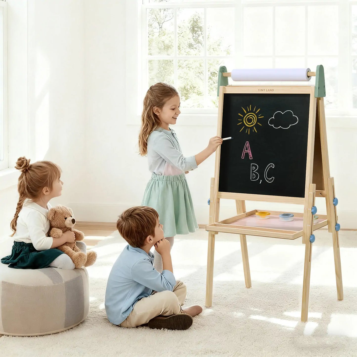 Kids 3-in-1 art easel with chalkboard panel and mounted paper roll