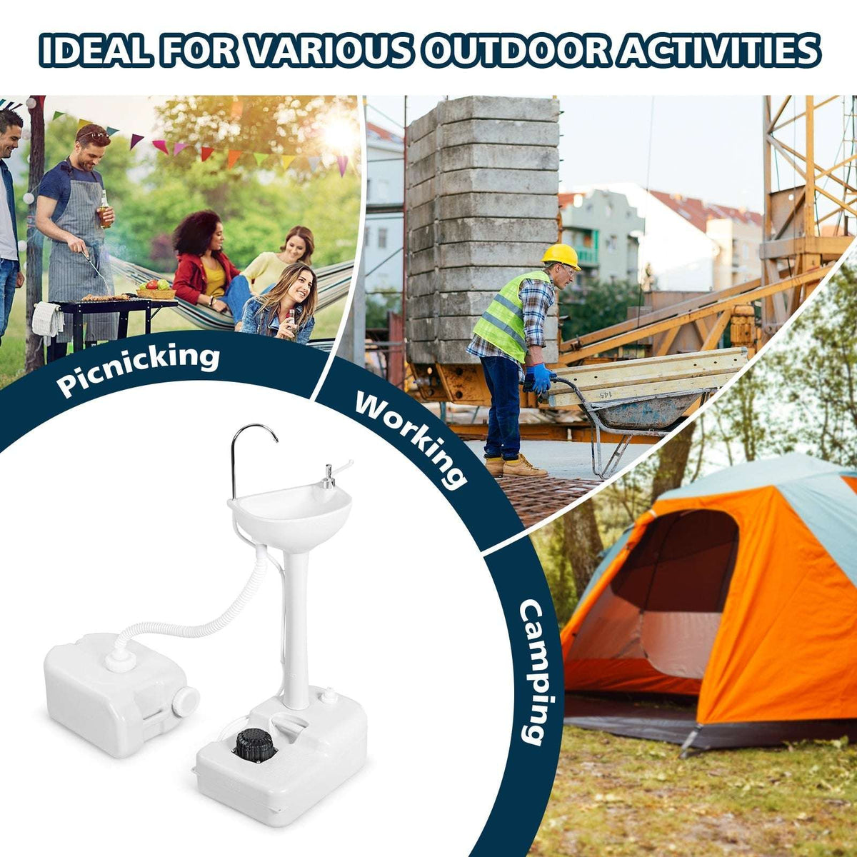 Portable camping hand wash station with pedestal basin, faucet, hoses, and foot pump.