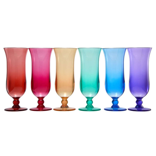 Row of 6 acrylic hurricane glasses in red, pink, amber, teal, blue, and purple hues