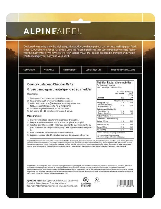 Country jalapeno cheddar grits pouch back with directions and nutrition facts