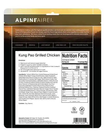 Kung Pao grilled chicken meal pouch back with nutrition facts and ingredients list