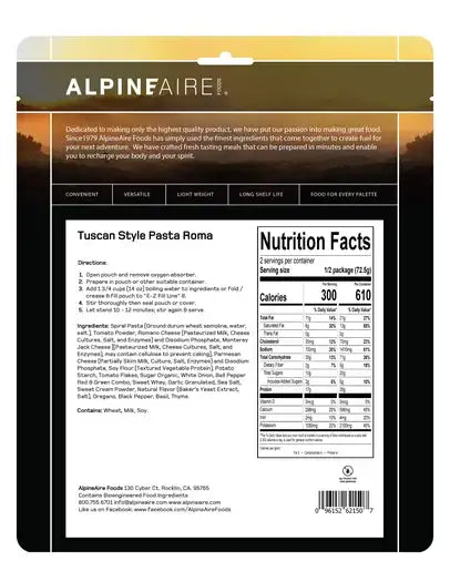 AlpineAire Tuscan Style Pasta Roma freeze-dried vegetarian meal pouch, nutrition facts