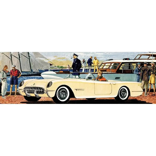 Panoramic jigsaw puzzle cover showing cream 1953 Corvette convertible with people