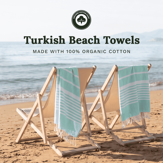 Aqua and white striped beach towels with fringed ends
