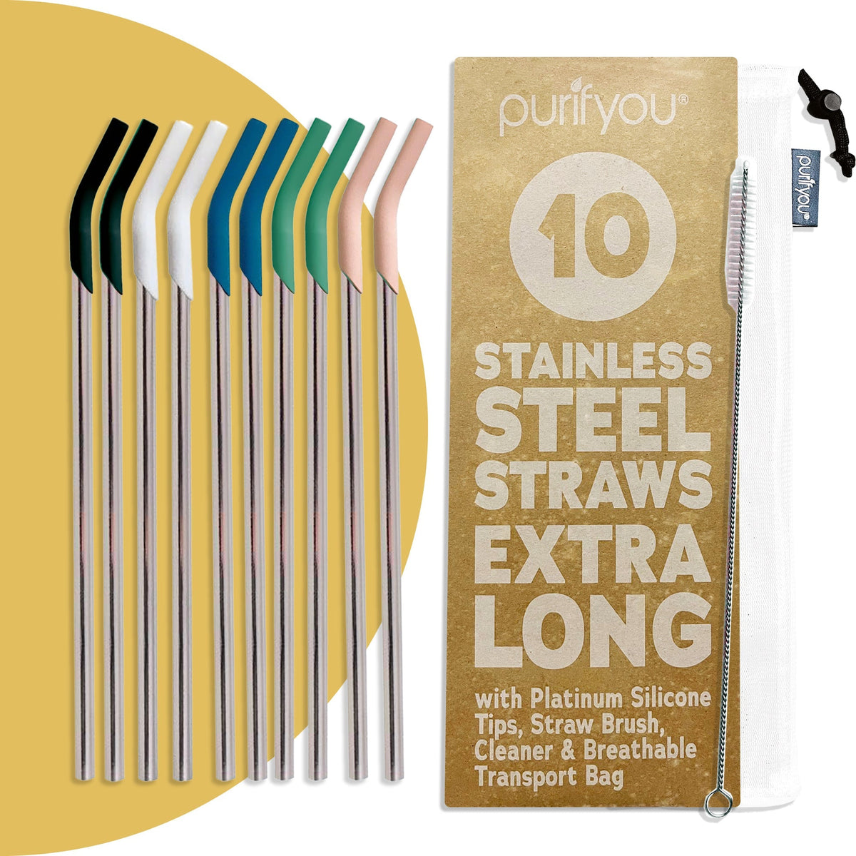 purifyou 14.5" Stainless Steel Straws with Silicone Tips - Set of 5