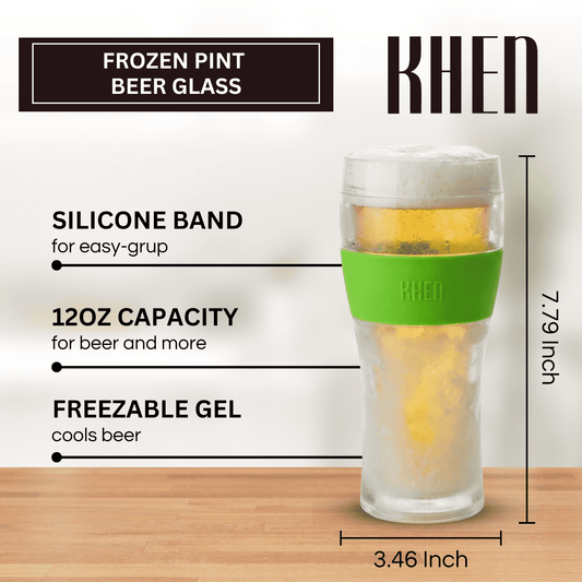 Frosted clear beer glass with green silicone band and KHEN logo at midsection