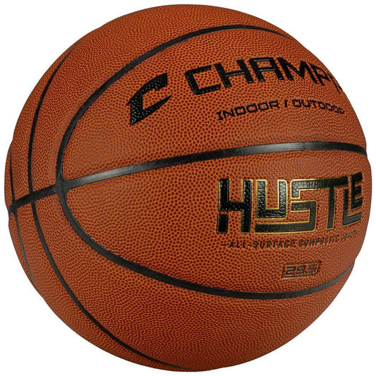 Orange composite basketball side view with CHAMPRO logo and HUSTLE stripe, indoor/outdoor.